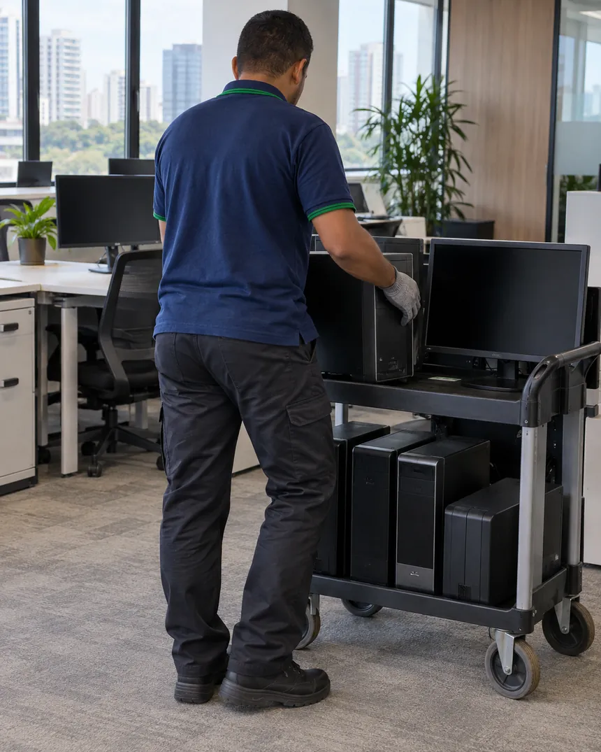Coletor colocando gabinetes, monitores e no-break de um escritório no carrinho de carga