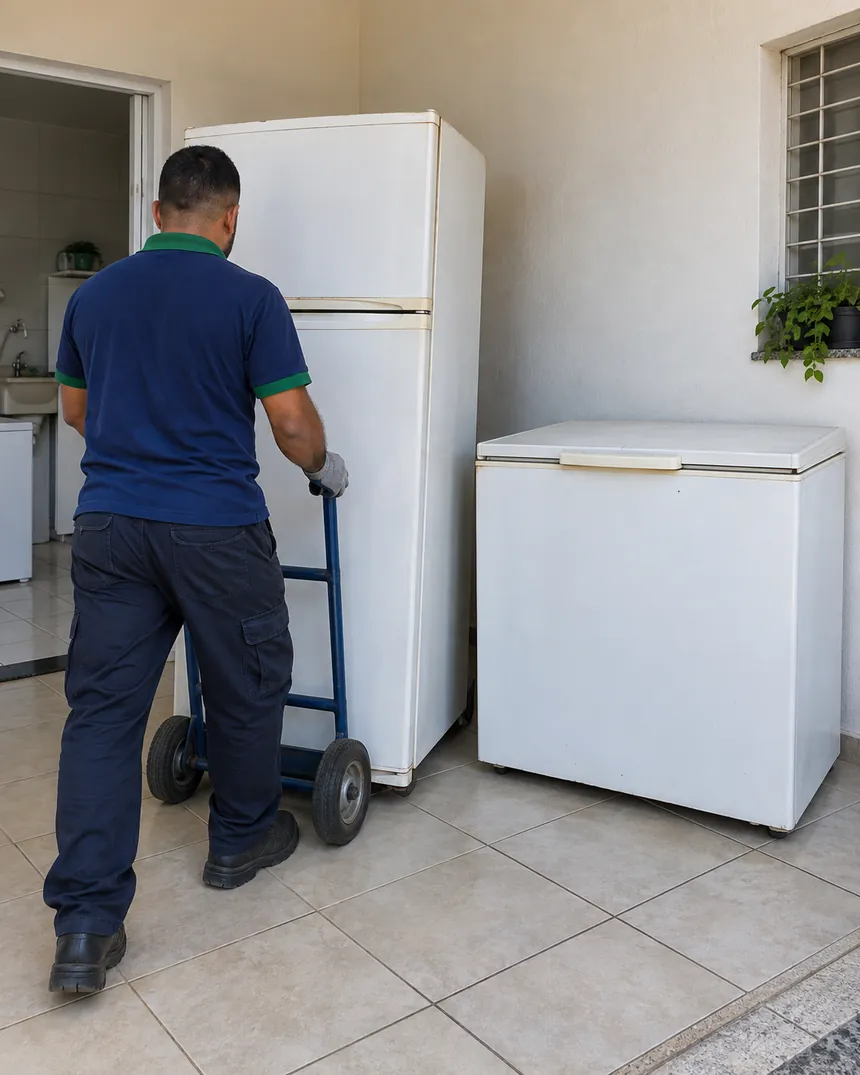 Coletor de camisa azul retirando uma geladeira duplex antiga com carrinho de carga na área de serviço