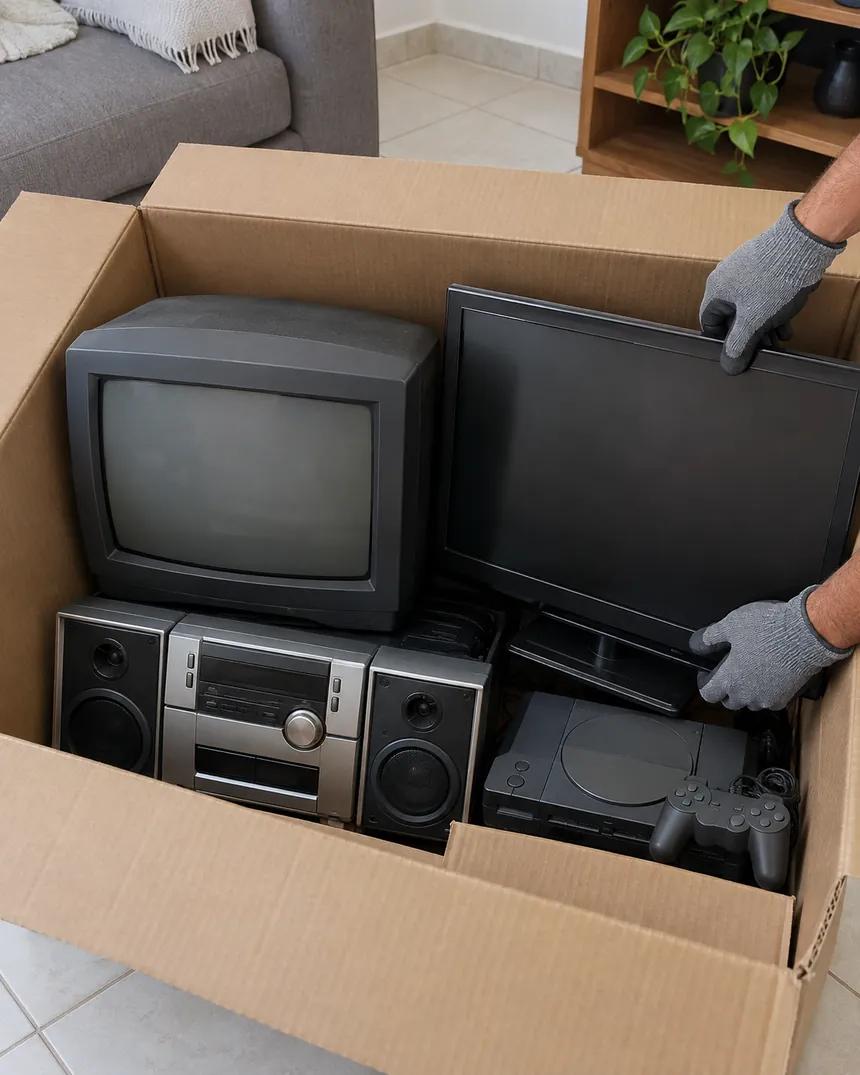 Caixa de papelão com TV de tubo, TV de tela plana, aparelho de som e videogame antigos