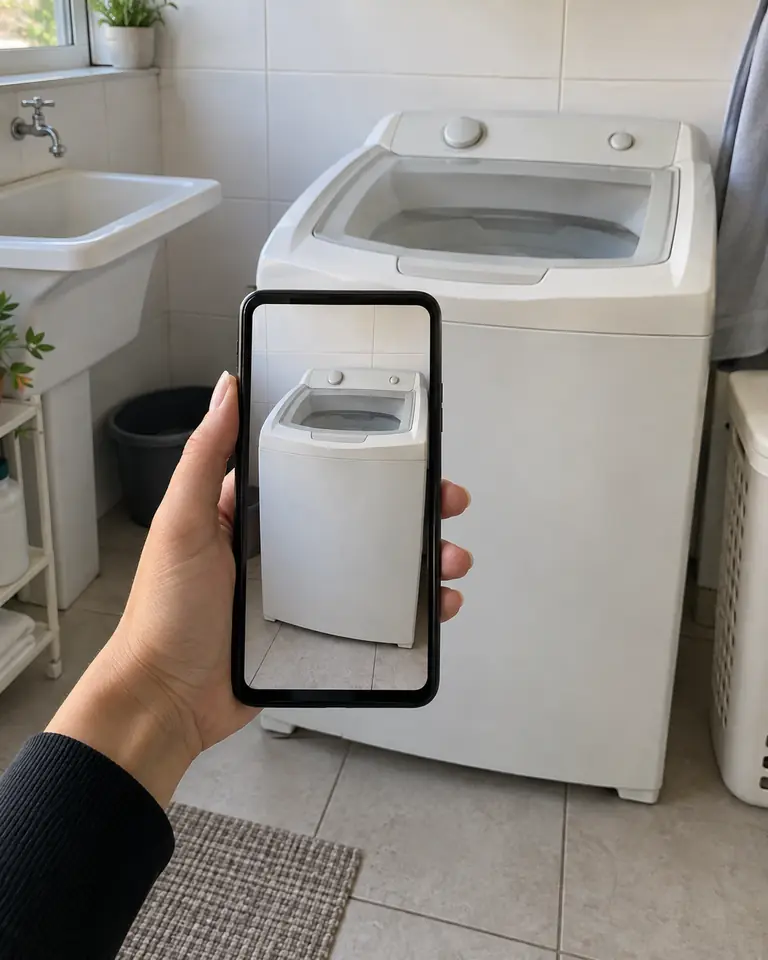 Mão segurando o celular e fotografando uma máquina de lavar velha para mandar pelo WhatsApp